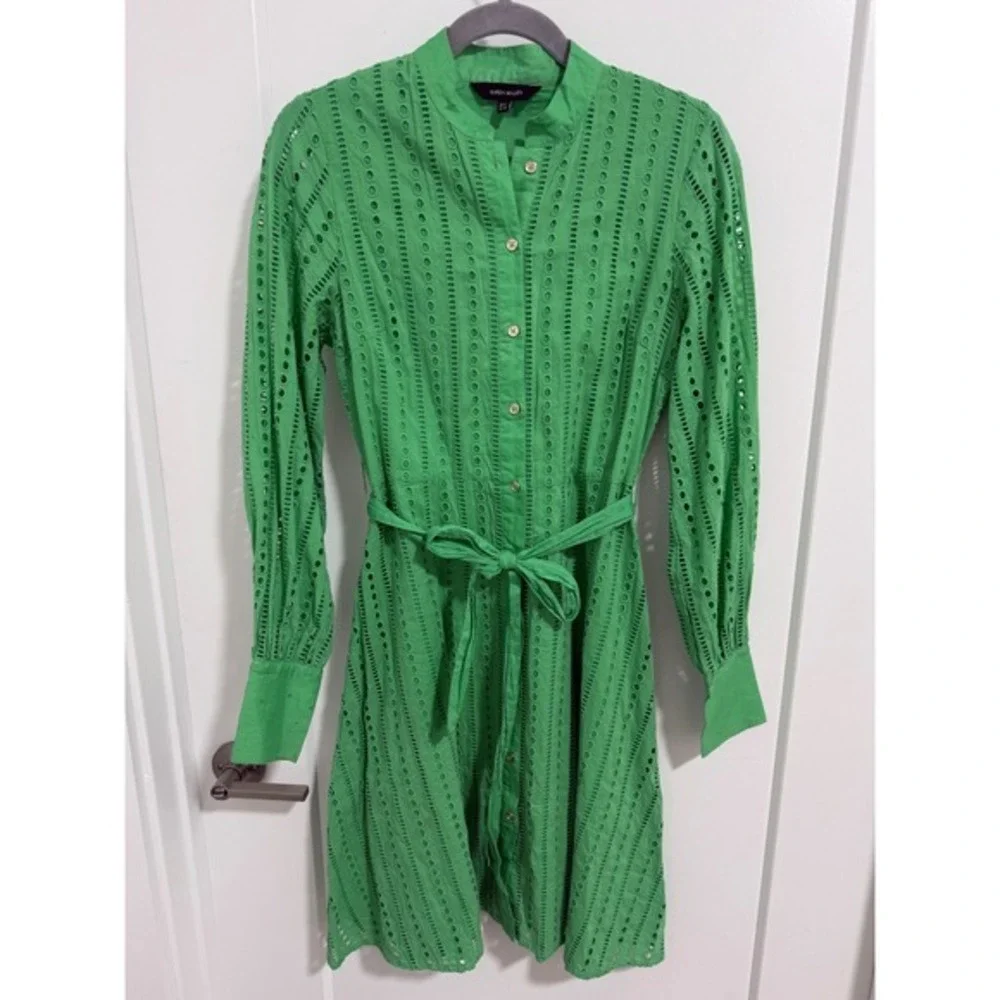 Karen Millen Eyelet Dress US 4 Green Long Sleeve Shirt Dress‎